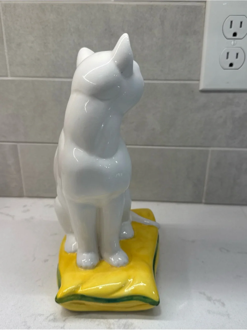 Vintage MCM White Ceramic Cat Figurine on Yellow Pillow - Decorative Pet Accent